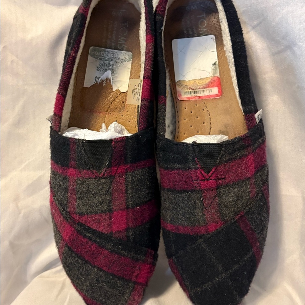 Toms Women’s Gray & Burgundy Plaid Slip-On Loafers